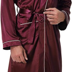 Bresdk Men's Satin Robe Kimono Dressing Gown Silk Lightweight Long Sleeve Bathrobe with Belt and Pockets Night Robe for Wedding Party