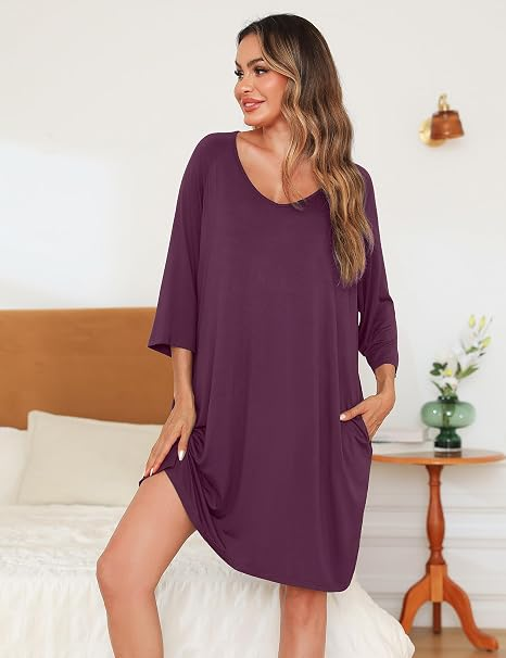 Bresdk Plus Size Nighties for Women Soft 3/4 Sleeve Nightdress with Pockets Loose nightwear,oversized nightdresses fit for sleep, casual wear, pregnancy, and hospital stays,Available in S–4XL. - Image 4