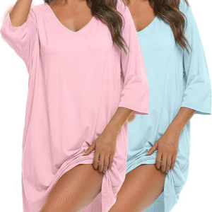 Bresdk 2 Pack Plus Size Nighties for Women Soft V Nightdress with Pockets Loose v neck nightwear,oversized nightshirt fit for sleep, casual wear, pregnancy, and hospital stays,Available in S–4XL.